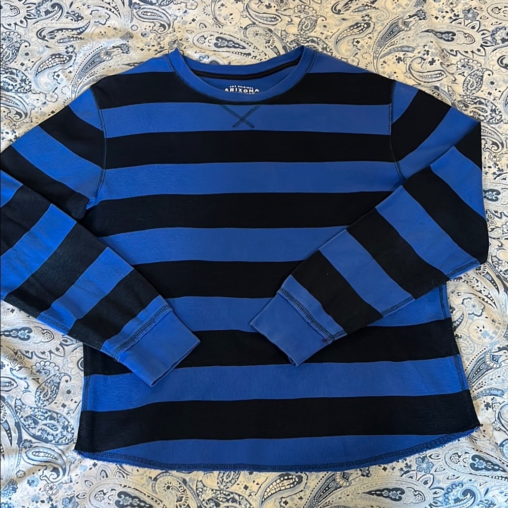 Arizona Jean Company Blue and Black Striped Crewneck Sweater